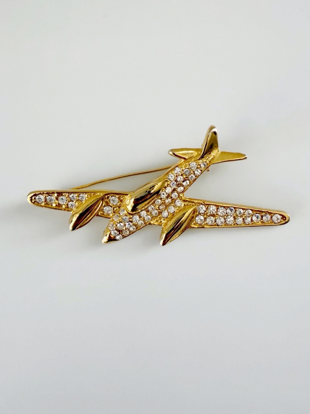 Vintage Plane Rhinestones Yellow Tone Brooch Pin